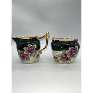 T & V Signed Creamer Sugar Bowls Purple Roses Gold Trim Hand Painted In France
